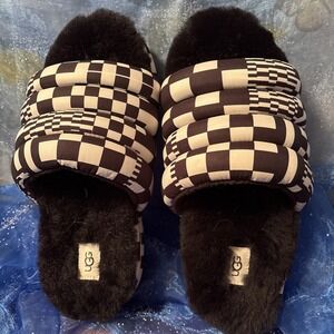 UGG Womens Black&White Check Slide  Chunky‎ Fur Hippie Treadlite Size 10